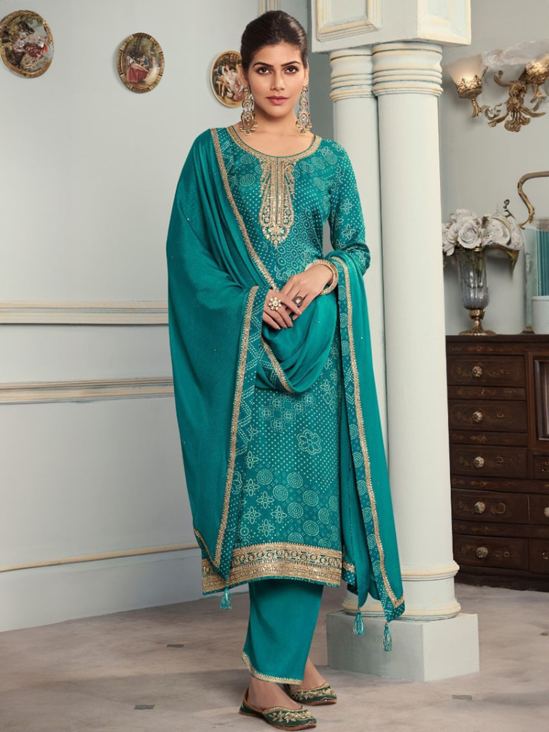 Traditional Ethnic Festive Deep Teal Green Digital Print Straight Suit