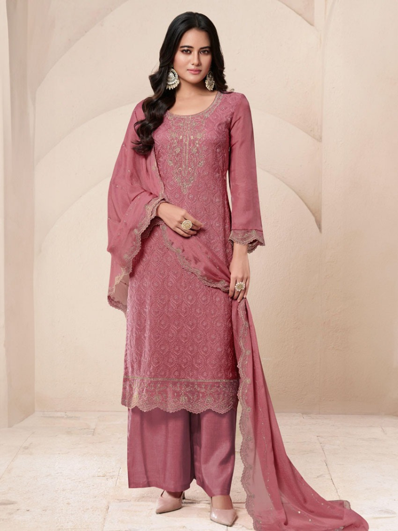 Festive Traditional Dusty Rose Pink Embroidered Organza Silk Plazo Suit 