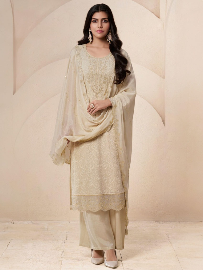 Festive Traditional  Beige Embroidered Organza Silk Plazo Suit