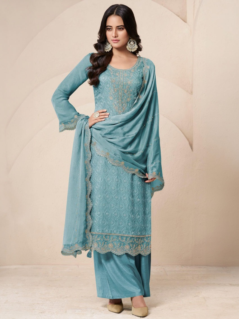 Ethnic Traditional Festive Teal Green Embroidered Organza Silk Plazo Suit