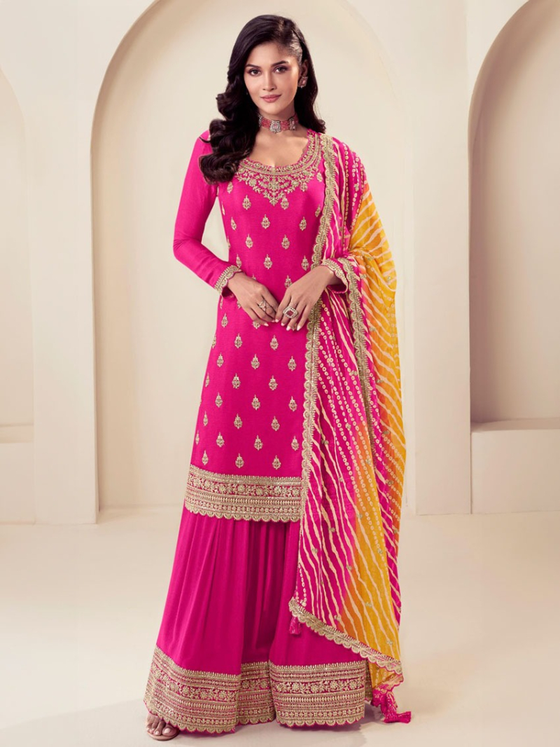 Traditional Elegant Vibrant Hot Pink Embroidered Chinnon Silk Sharara Suit