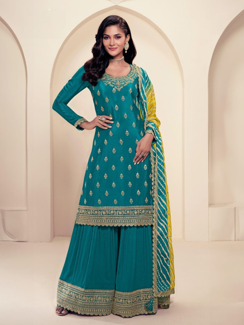 Authentic Festive Peacock Teal Embroidered Chinnon Silk Sharara Suit