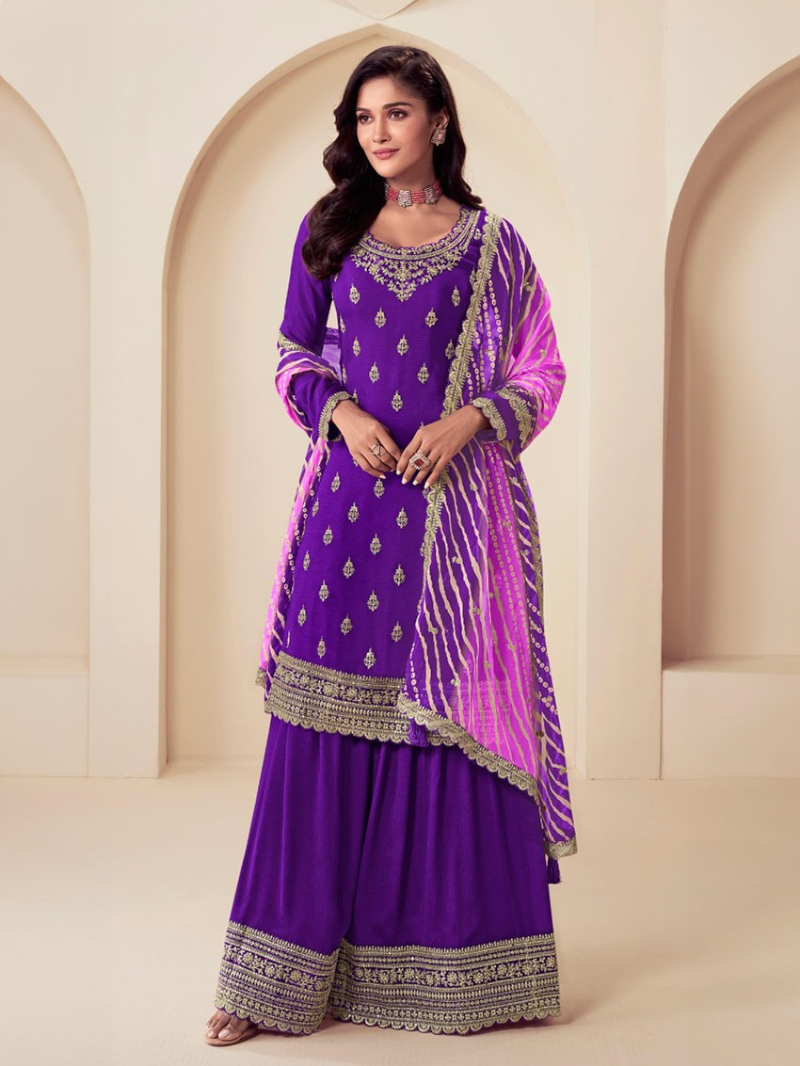 Traditional Ethnic Festive Royal Purple Embroidered Chinnon Silk Sharara Suit