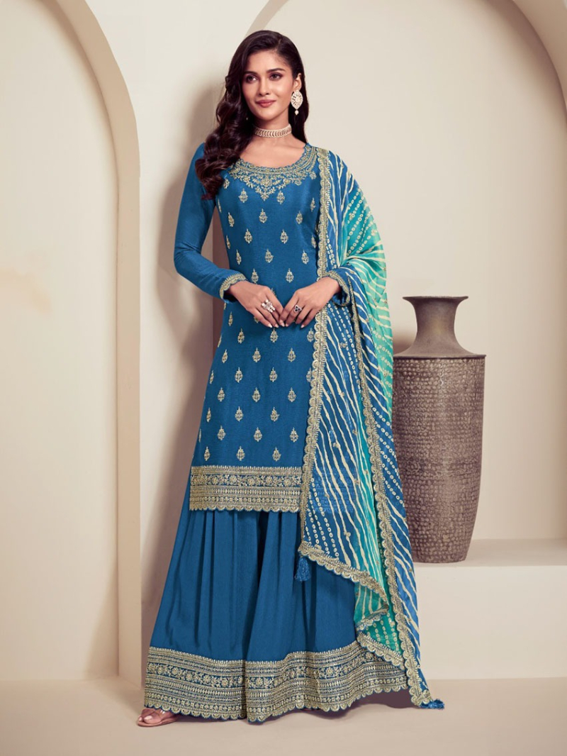 Elegant  Festive Deep Teal Blue Embroidered Chinnon Silk Sharara Suit