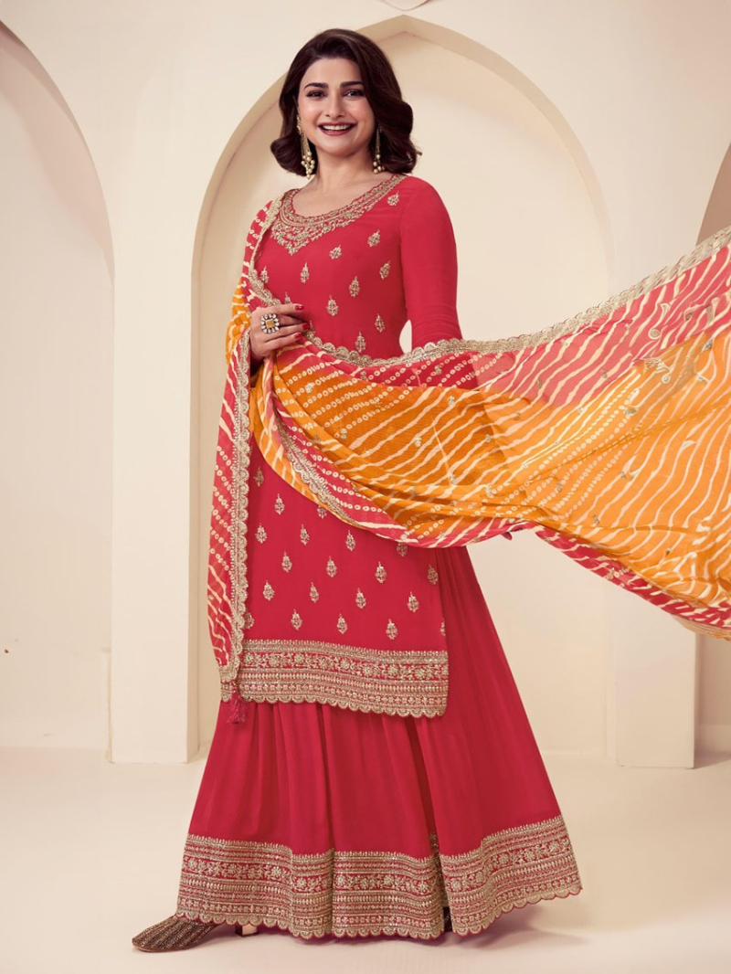 Traditional Ethnic Rani Pink Embroidered Chinnon Silk Sharara Suit