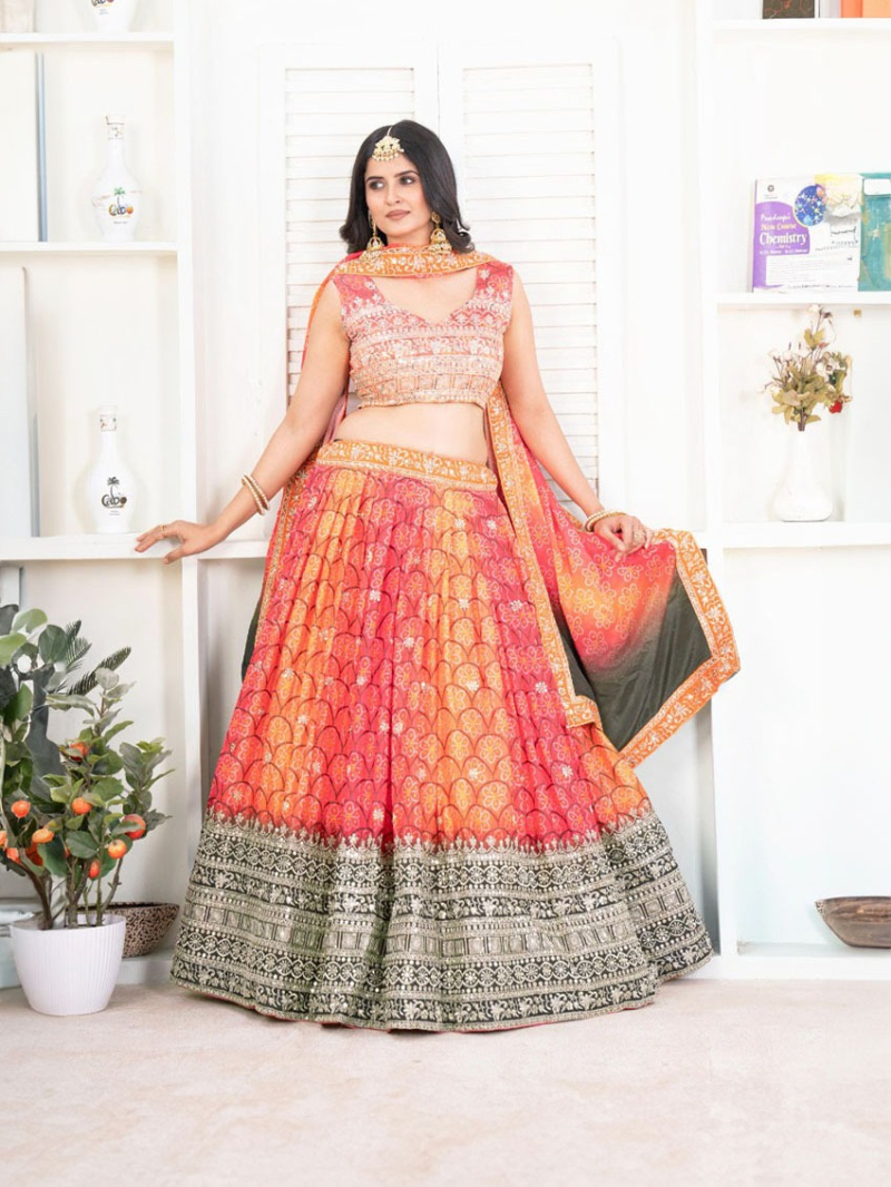 Vibrant Chinon Silk Party Wear Lehanga Suit