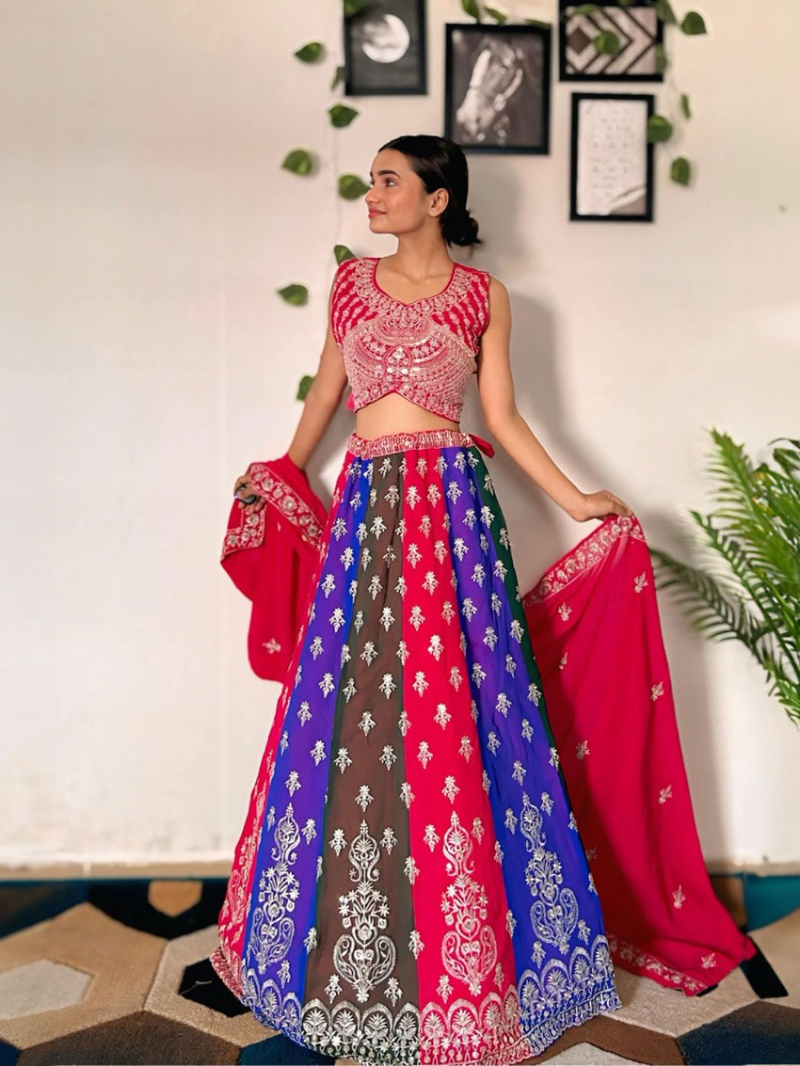 Authentic Designer Festive Multicolor Georgette Lehanga Suit