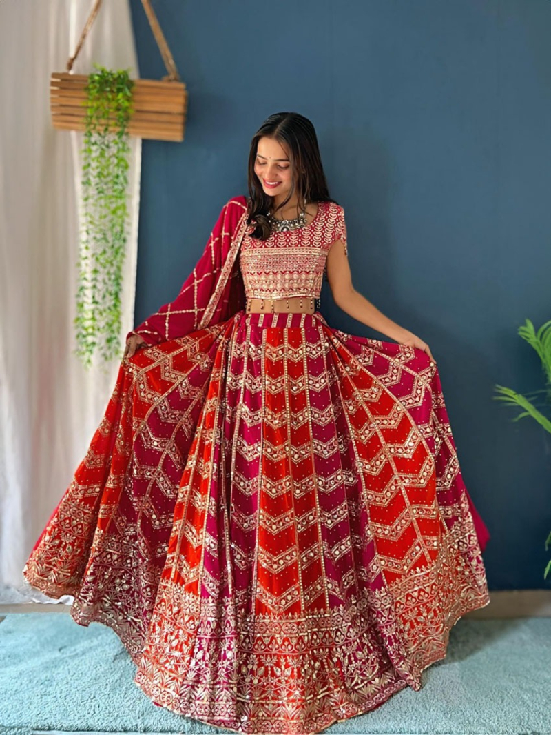 Elegnat Multicolor Sequin Thread Embroidered Georgette Lehanga Suit