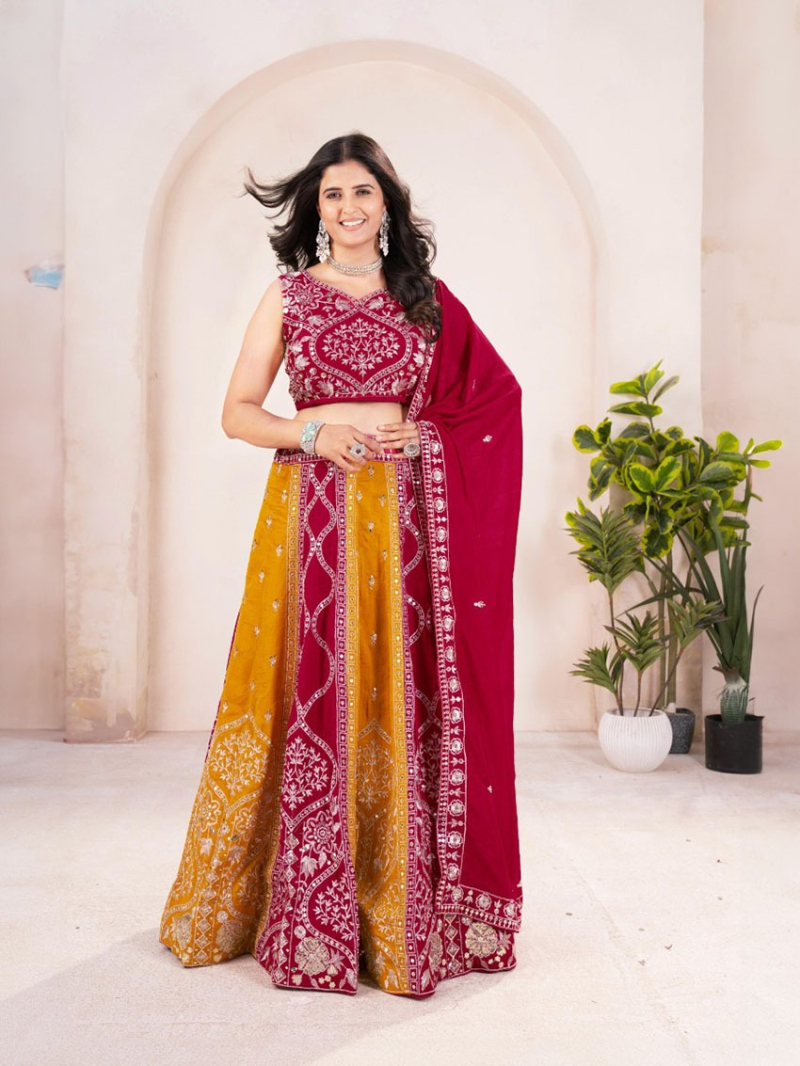 Ethnic Elegant  Traditional Maroon & Mustard Traditional Lehanga Suit