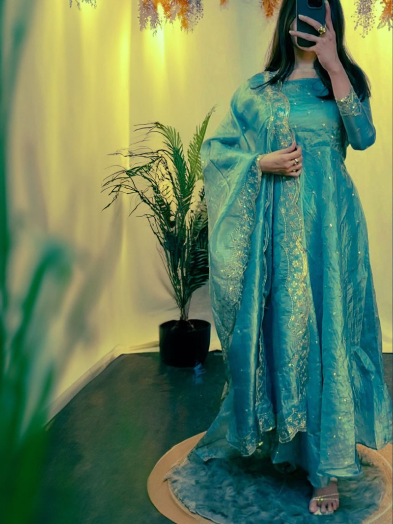 Elegant Ethnic Festive Turquoise Blue Crush Silk Anarkali Suit
