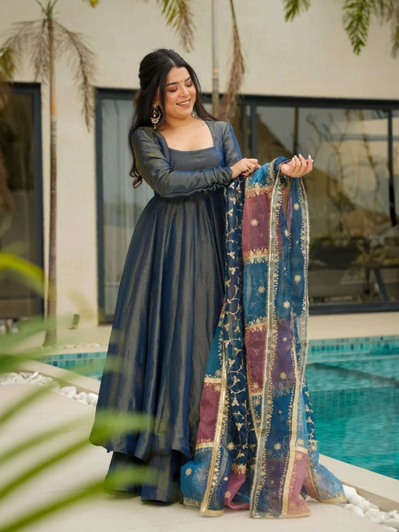 Authentic Festive Steel Blue Roman Shimmer Silk Anarkali Suit