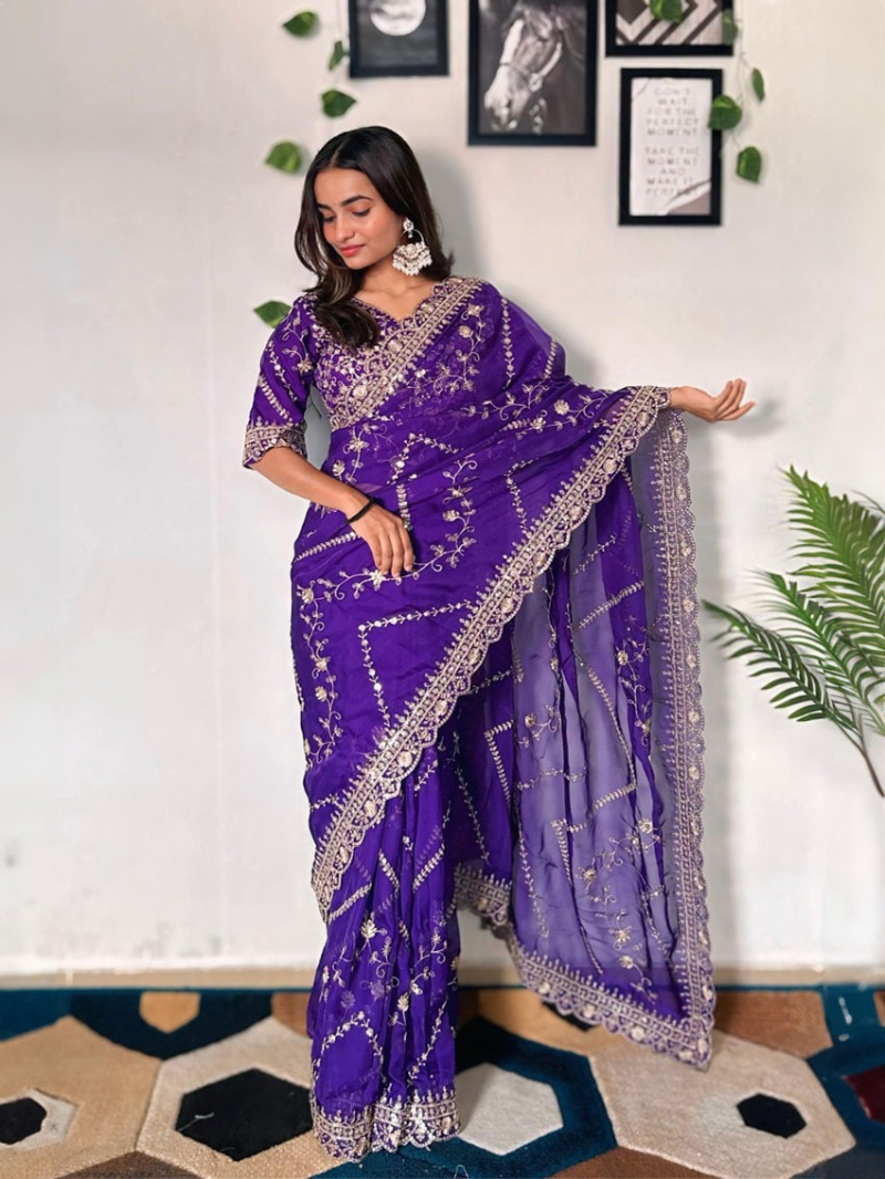 Authentic Violet Tabby Organza Silk Saree