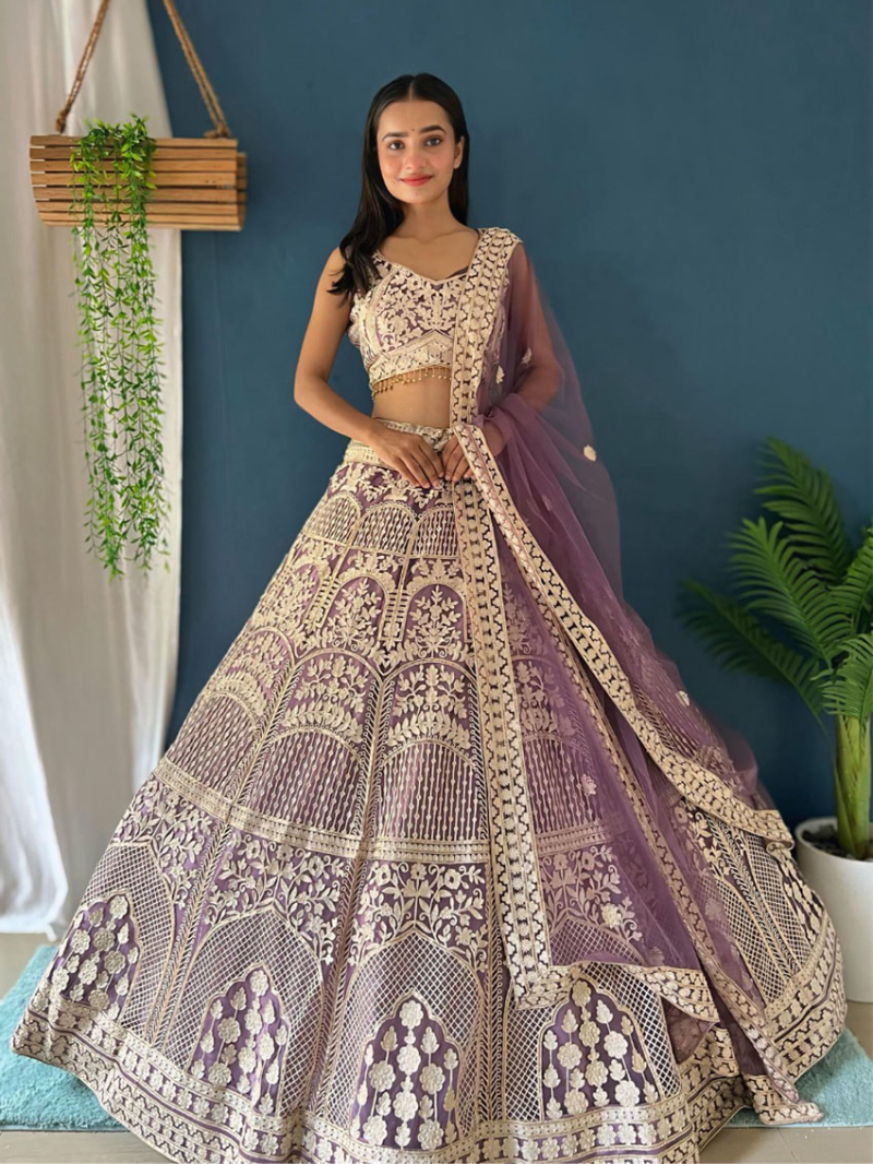 Authentic Elegant Purple Embroidered Net Lehanga Suit