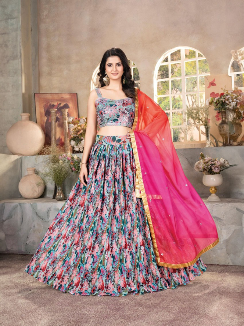 Multi Colour Organza Fancy and Print Work Lehenga Choli
