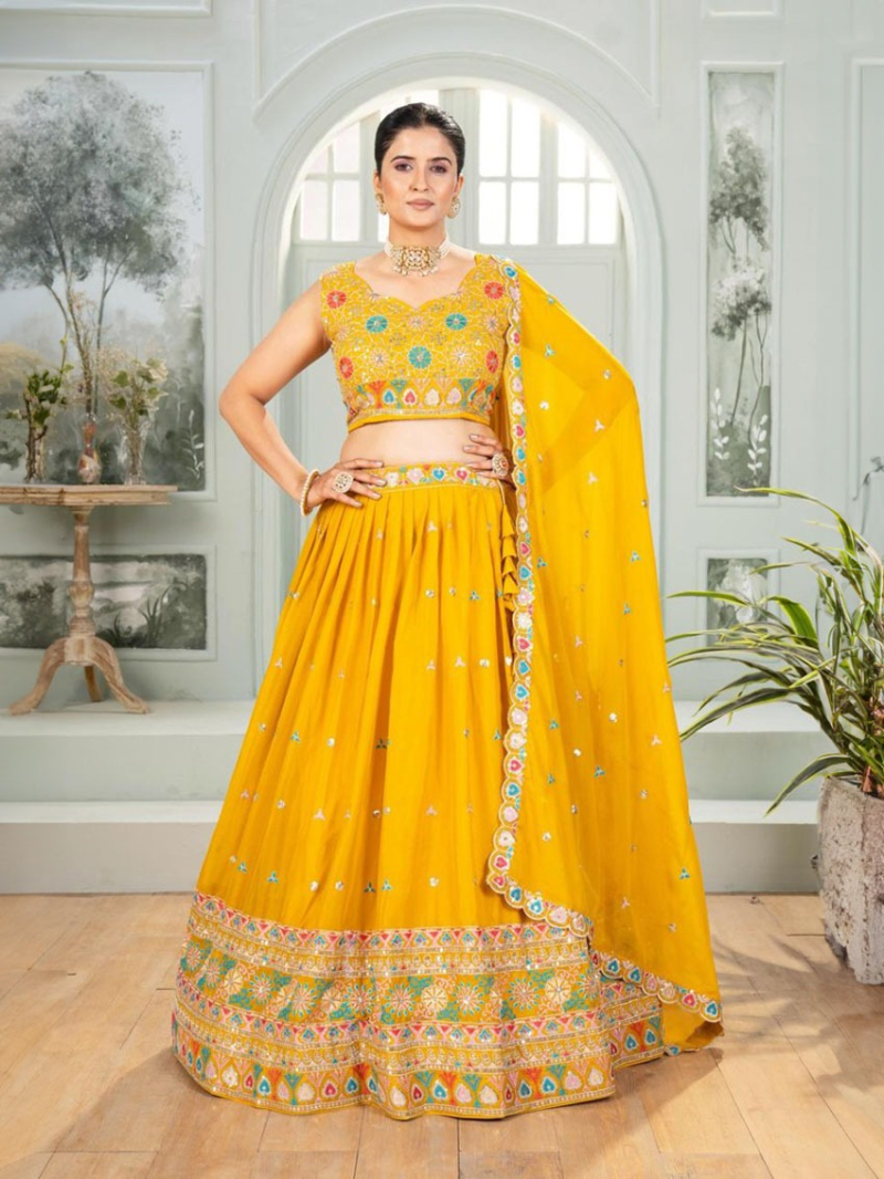 Elegant Mustard Embroidered Star Georgette Lehanga Suit