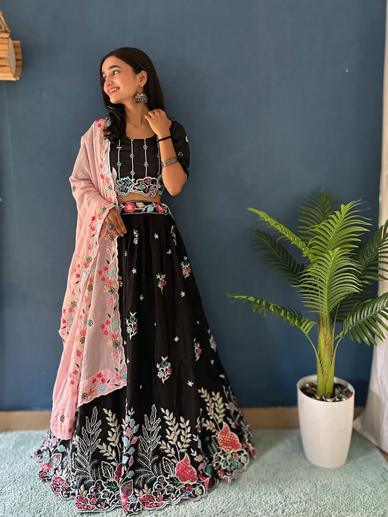 Black Chinnon Silk Embroidered Black  Lehanga Suit