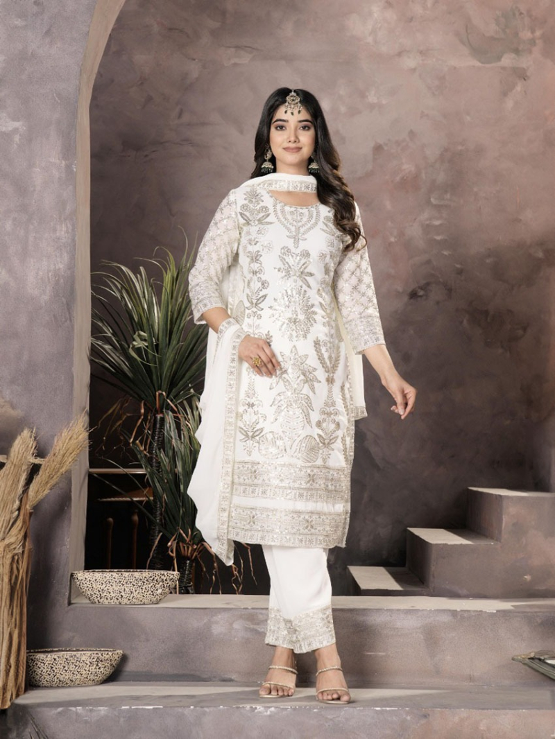 Elegant Ethnic Festive White Kurta Pant Straight Suit