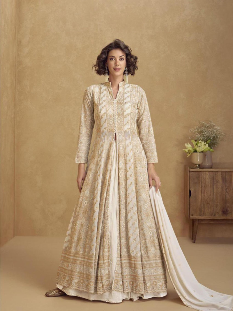 Elegant Ethnic Festive Beige Georgette Embroidered Anarkali Suit