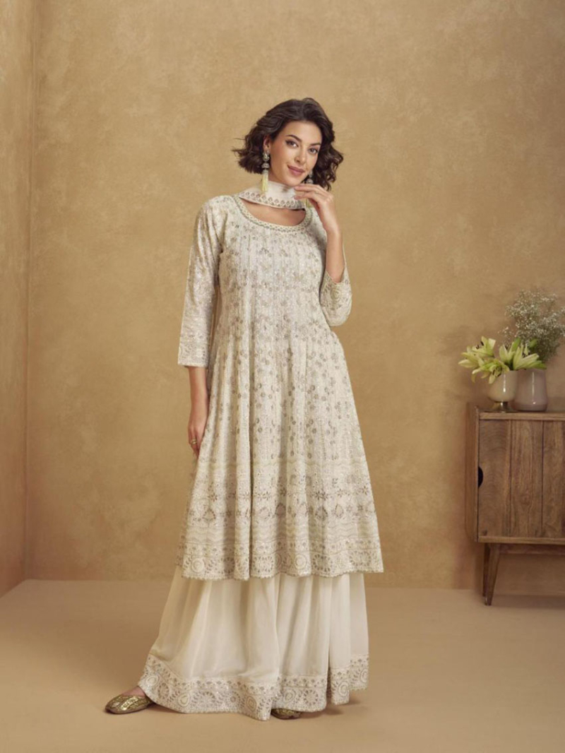Traditional Ethnic Elegant Ivory Embroidered  Kurta with Plazo Suit