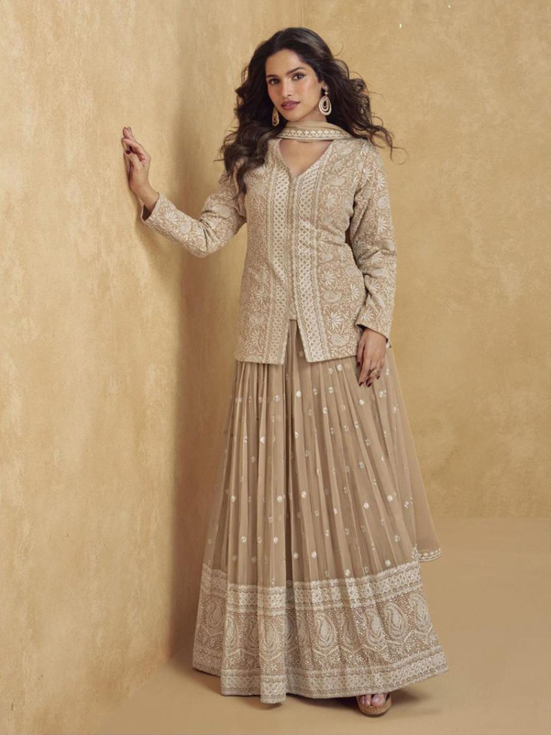 Elegant Ethnic Festive Light Taupe Brown Georgette Jacket Lehenga  Suit