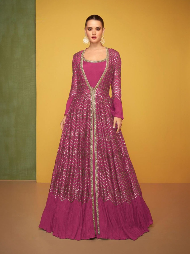 Authentic Magenta Premium Silk Embroidered Jacket Anarkali Suit