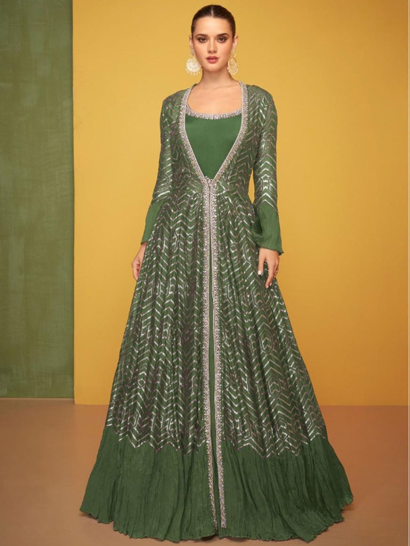 Authentic Olive Green Premium Silk Embroidered Jacket Anarkali Suit