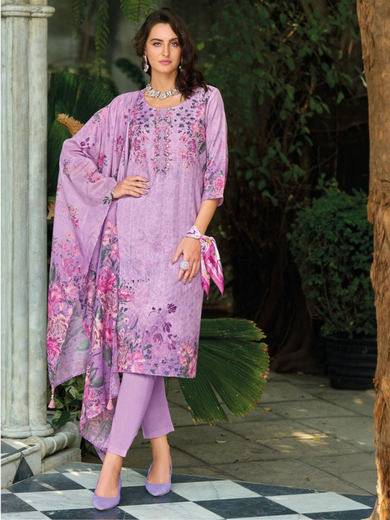 Elegant Ethnic Lilac Schiffli Embroidered Linen Straight Suit