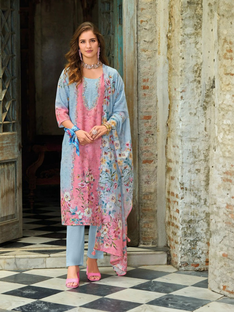 Elegant Casual Pastel Blue & Pink Schiffli Embroidered Linen Straight Suit