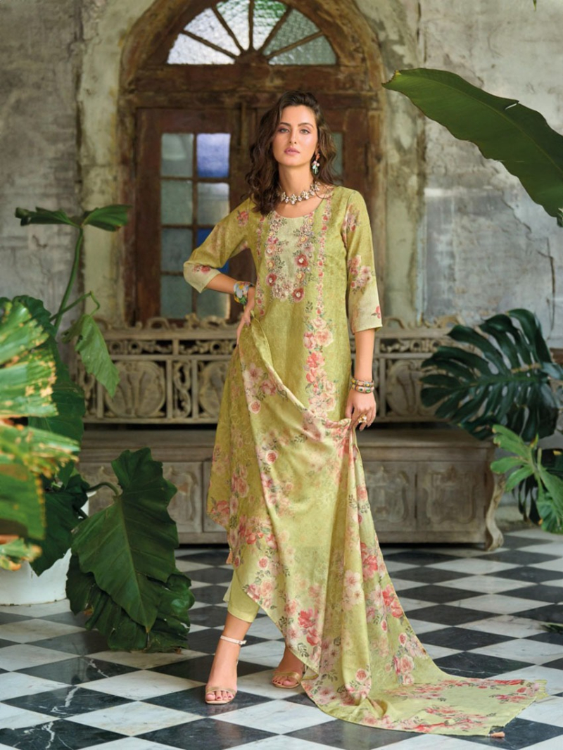 Traditional Casual Olive Green Schiffli Embroidered Linen Straight Suit