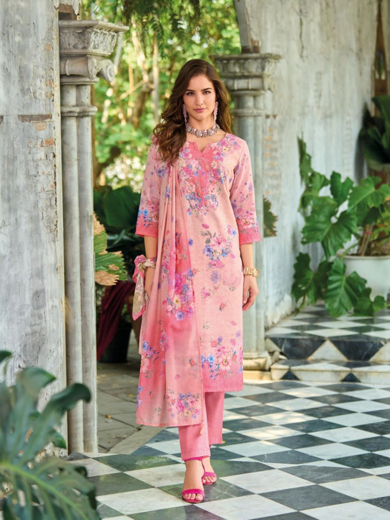 Traditional Festive Casual Light Pink Schiffli Embroidered Linen Straight Suit
