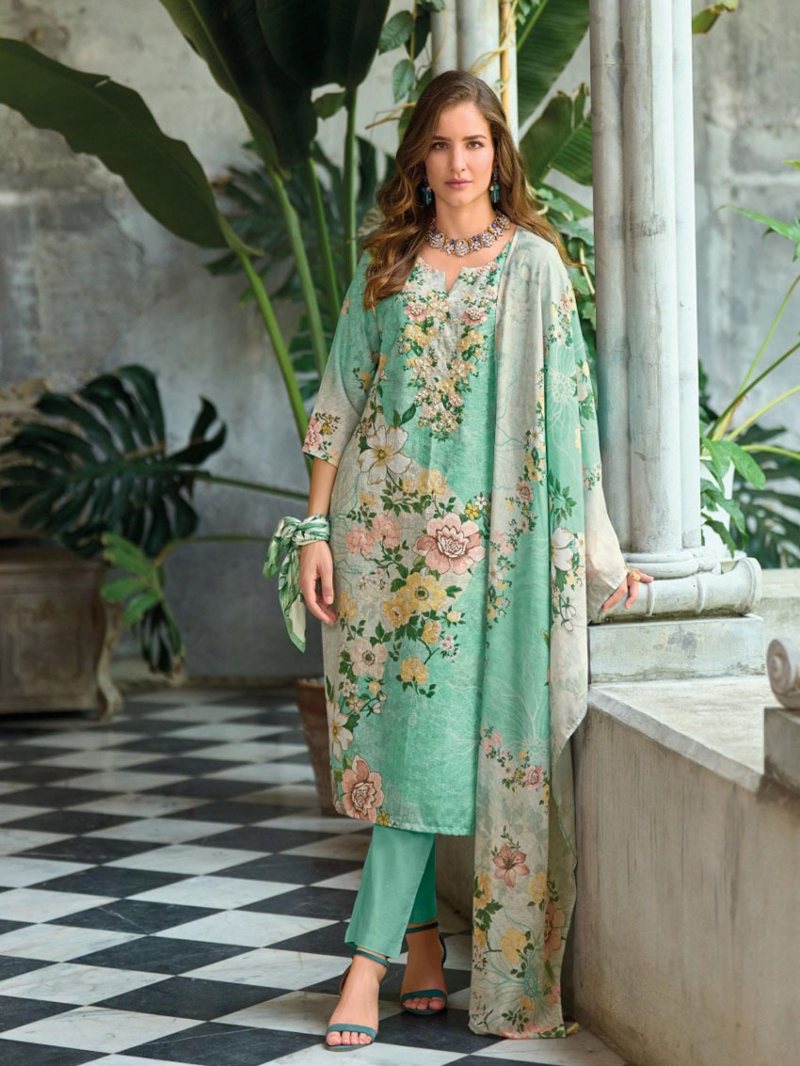 Traditional Casual Elegant Sage Green Schiffli Embroidered Linen Straight Suit