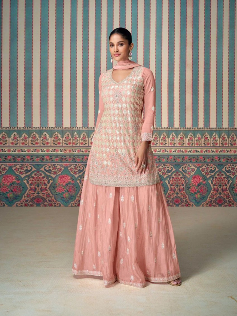 Traditional Festive Ethnic Peach Chinnon Silk Sharara Suit