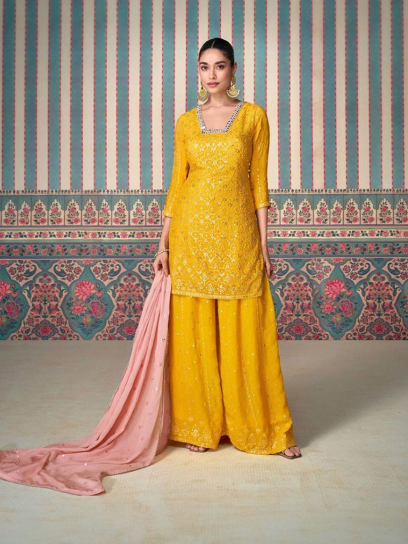 Traditional Elegant Festive yellow Chinnon Silk Sharara Suit