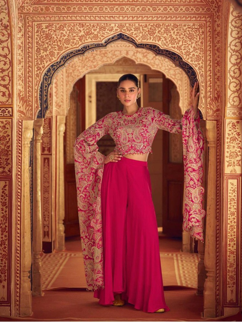 Ethnic Traditional Festive Rani Pink Chinon Silk Plazo Suit