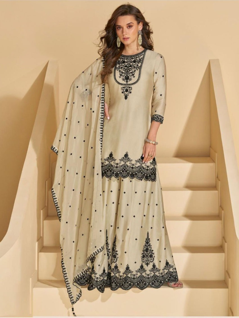Traditional Festive Beige Chinnon Silk Heavy Embroidered Plazo Suit