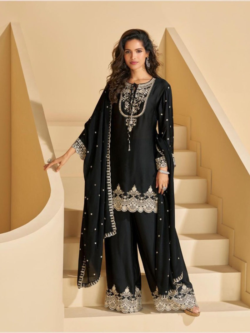 Traditional Festive Black Chinnon Silk Heavy Embroidered Plazo Suit