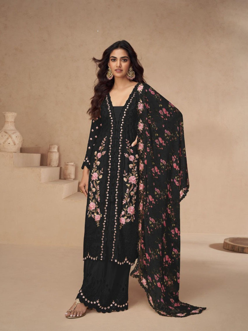 Authentic Elegant Festive Black Chinnon Silk Plazo Suit