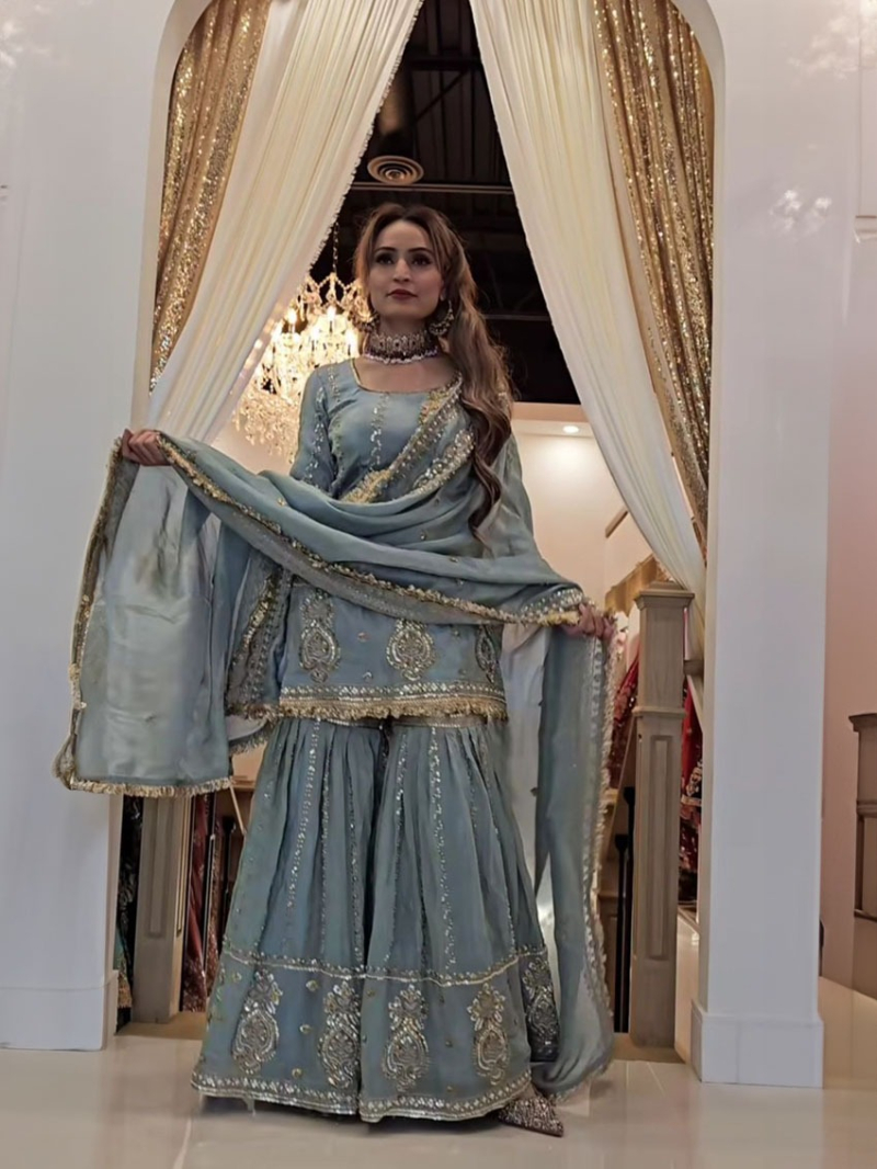 Authentic Elegant Festive Grey Chinnon Silk Sharara Suit