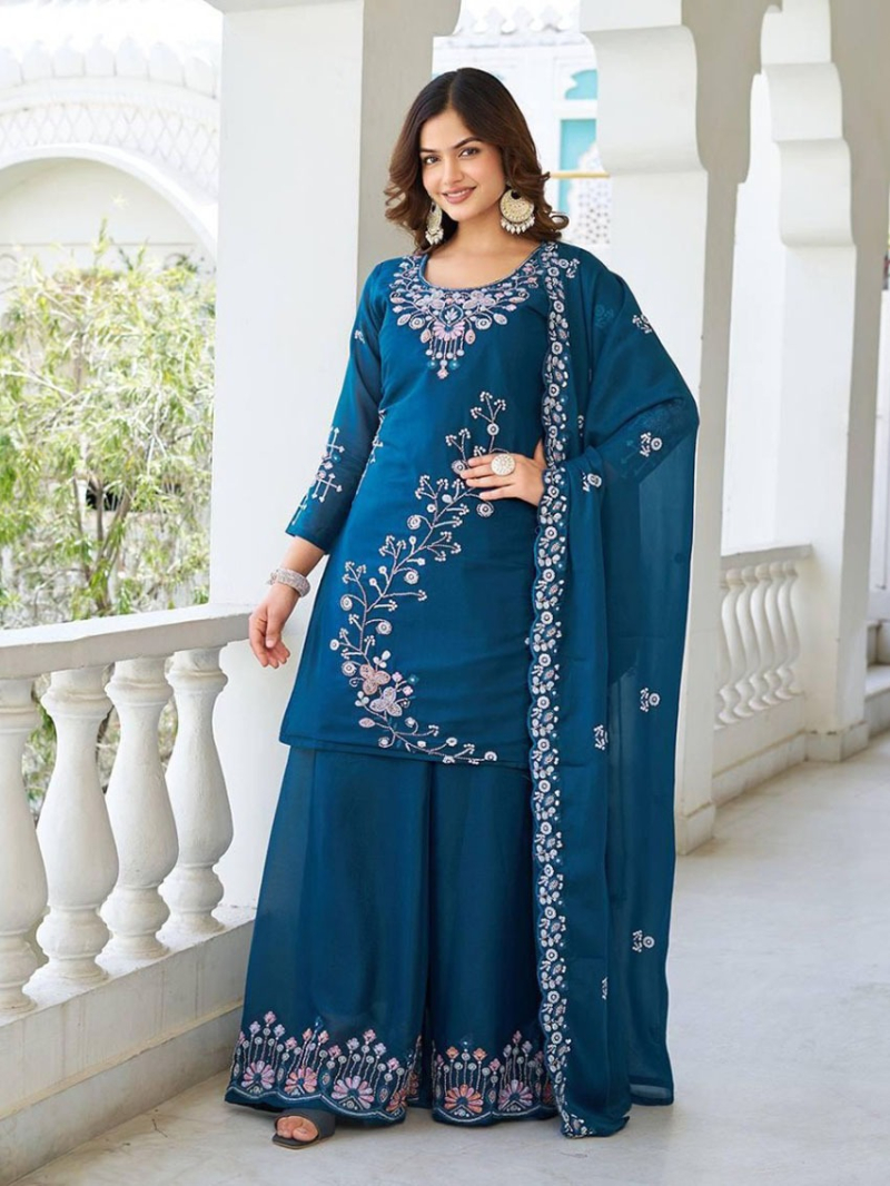 Authentic Traditional Festive Teal Blue Georgette Kurti with Plazo Suit
