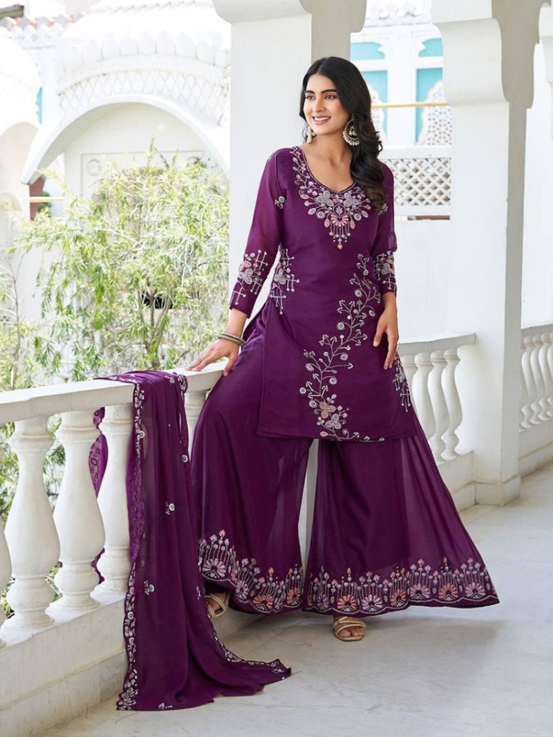 Ethnic Festive Traditional Wine Georgette Kurti with Plazo Suit