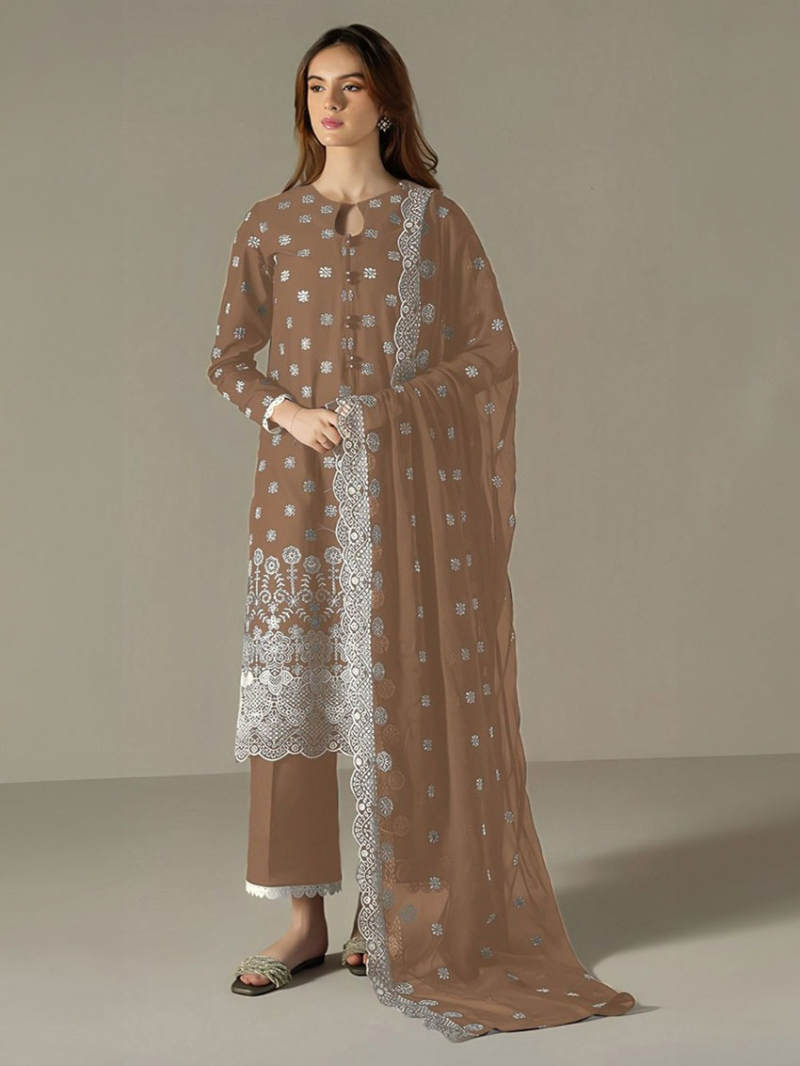 Elegant Ethnic Festive Mocha Brown Georgette Straight Suit