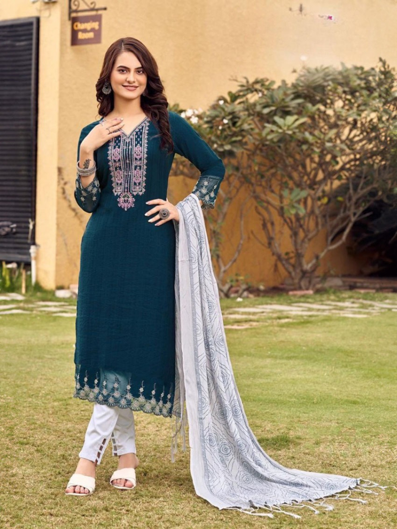 Authentic Festive Teal Blue Rayon Embroidered Straight Suit