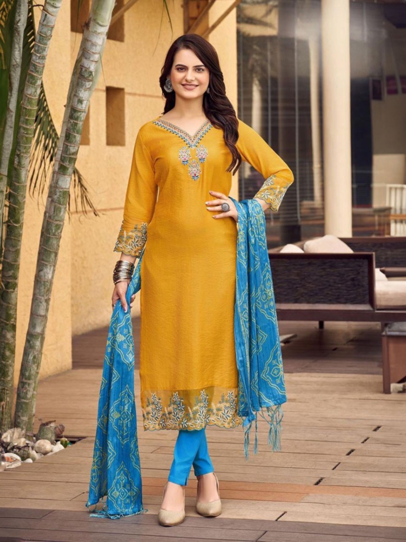 Elegant Ethnic Festive Mustard Yellow Rayon Embroidered Straight Suit