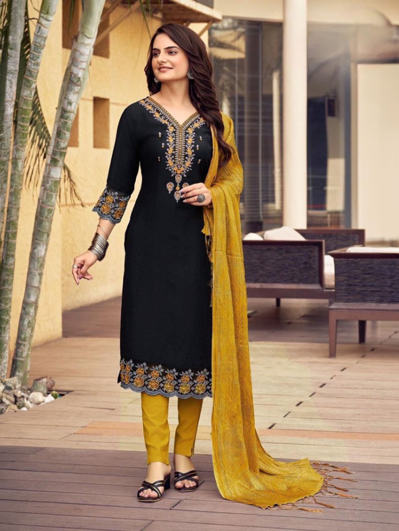 Authentic Festive Traditional Black Rayon Embroidered Straight Suit