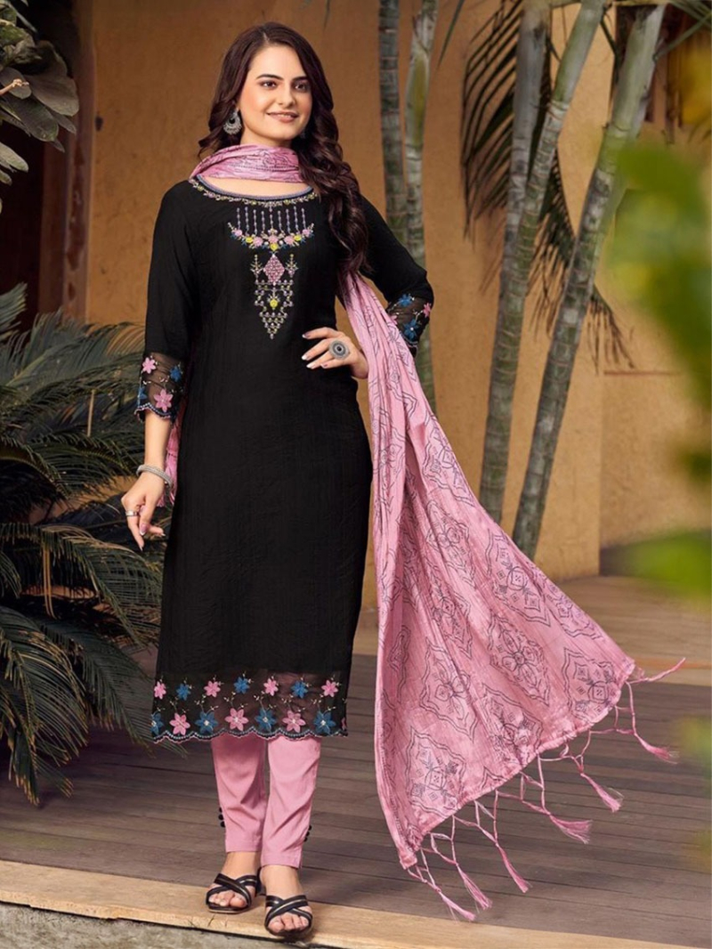 Festive Traditional Ethnic Black & Pink Rayon Embroidered Straight Suit
