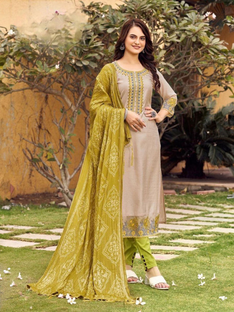 Authentic Elegant Traditional Beige Rayon Embroidered Straight Suit