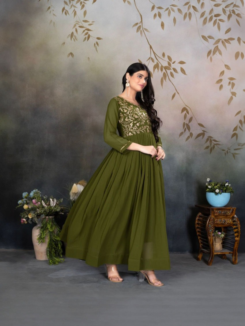 Elegant Ethnic Festive Olive Green Georgette Gown Anarkali Suit