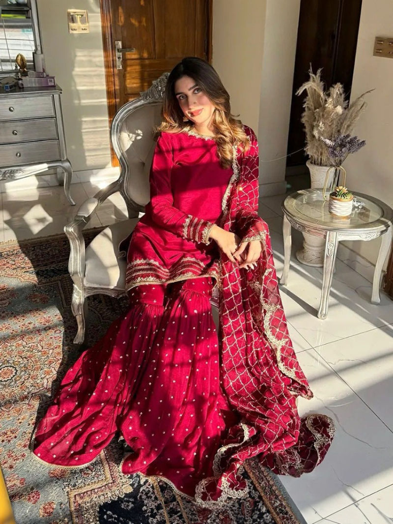 Elegant Festive Ethnic Maroon Georgette Sharara Suit