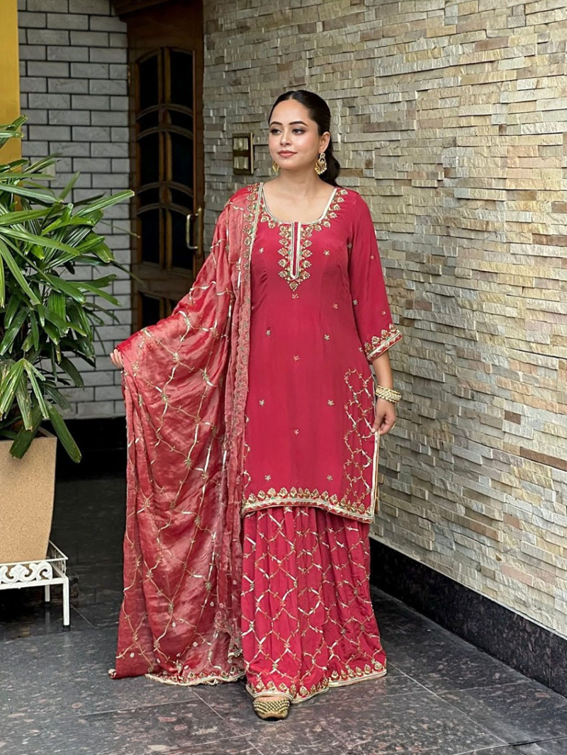 Authentic Elegant Festive Deep Rose Pink Sharara Suit