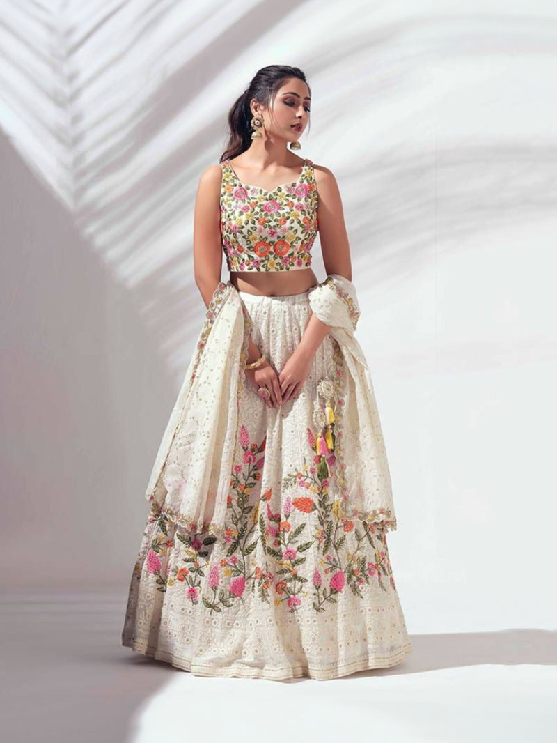 Ivory Floral Embroidered Faux Georgette Lehanga Choli